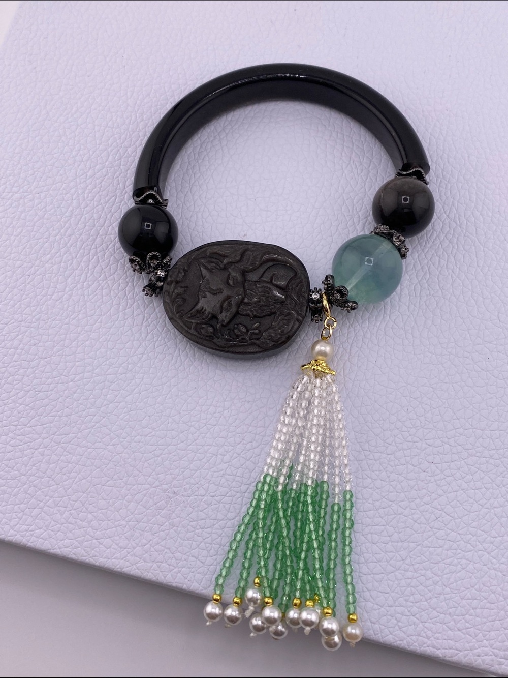 Natural Black Obsidian Half Bangle Carved Nine-Tailed Fox Tassel Bracelet